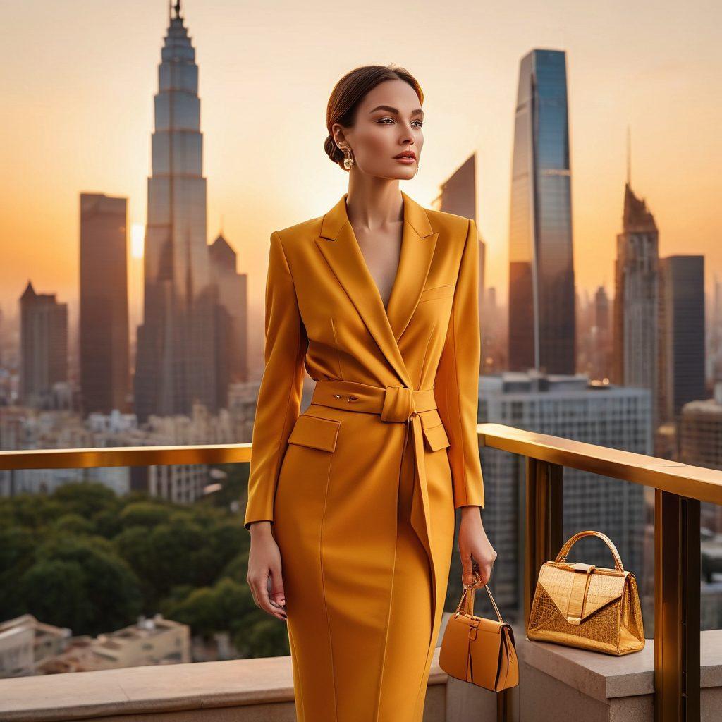 A sophisticated woman with an elegant posture, dressed in a modern, chic outfit featuring high-quality fabric and minimalist accessories. She is standing against a backdrop of a luxurious cityscape at sunset, with golden hues reflecting off skyscrapers. The image exudes a sense of glamour and refinement. highly detailed. super-realistic. vibrant colors.