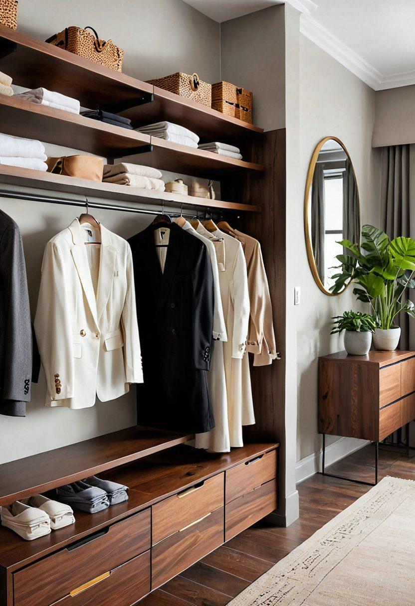 A stylish and contemporary wardrobe setup showcasing elegant dresses, tailored suits, and modern accessories neatly arranged. Include sleek wooden shelves filled with neatly folded clothes, a full-length mirror reflecting a chic outfit, and warm ambient lighting. Add a touch of greenery with potted plants for a fresh vibe. super-realistic. vibrant colors. sophisticated elegance.