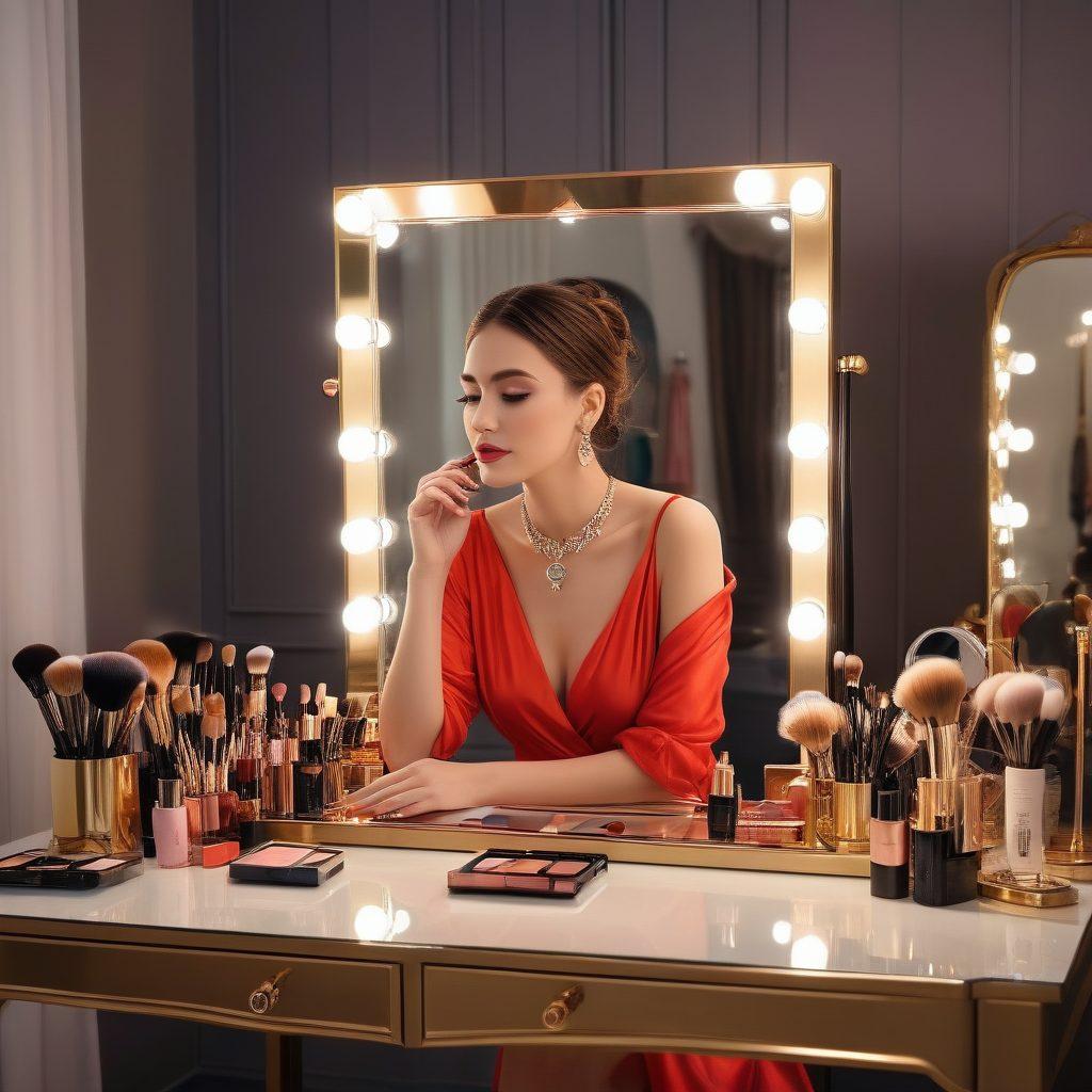 A confident woman standing in front of a stylish vanity mirror, applying makeup with chic fashion accessories laid out on the table. In the background, a wardrobe bursting with trendy clothes. The scene is vibrant and glamorous, emphasizing transformation and beauty. super-realistic. vibrant colors.